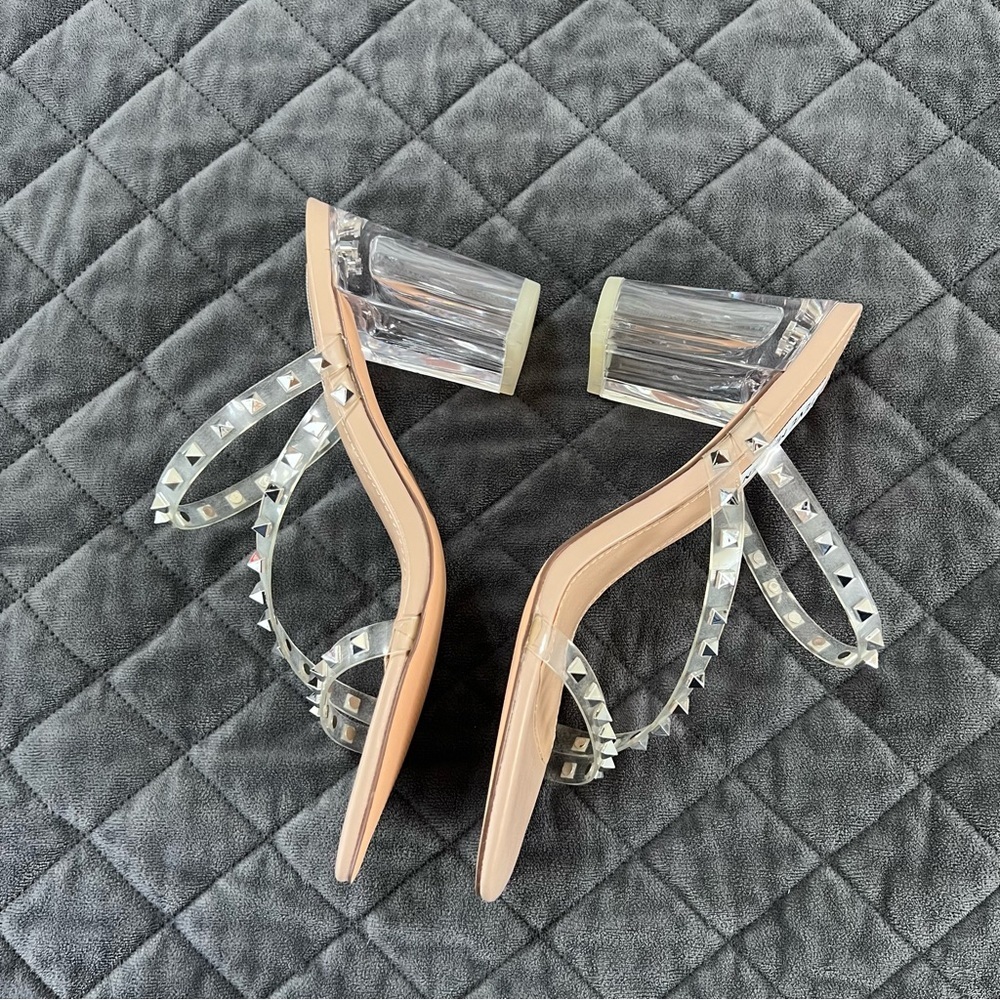 Steve Madden Nude Clear Studded Block Heel Sandals - Picture 7 of 10